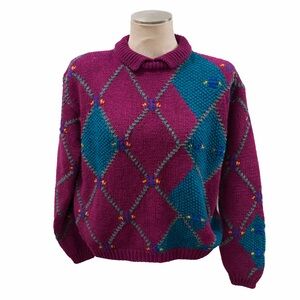 Vintage Here’s A HUG Argyle Sweater Women’s M Purple Teal Chunky Knit 90s retro